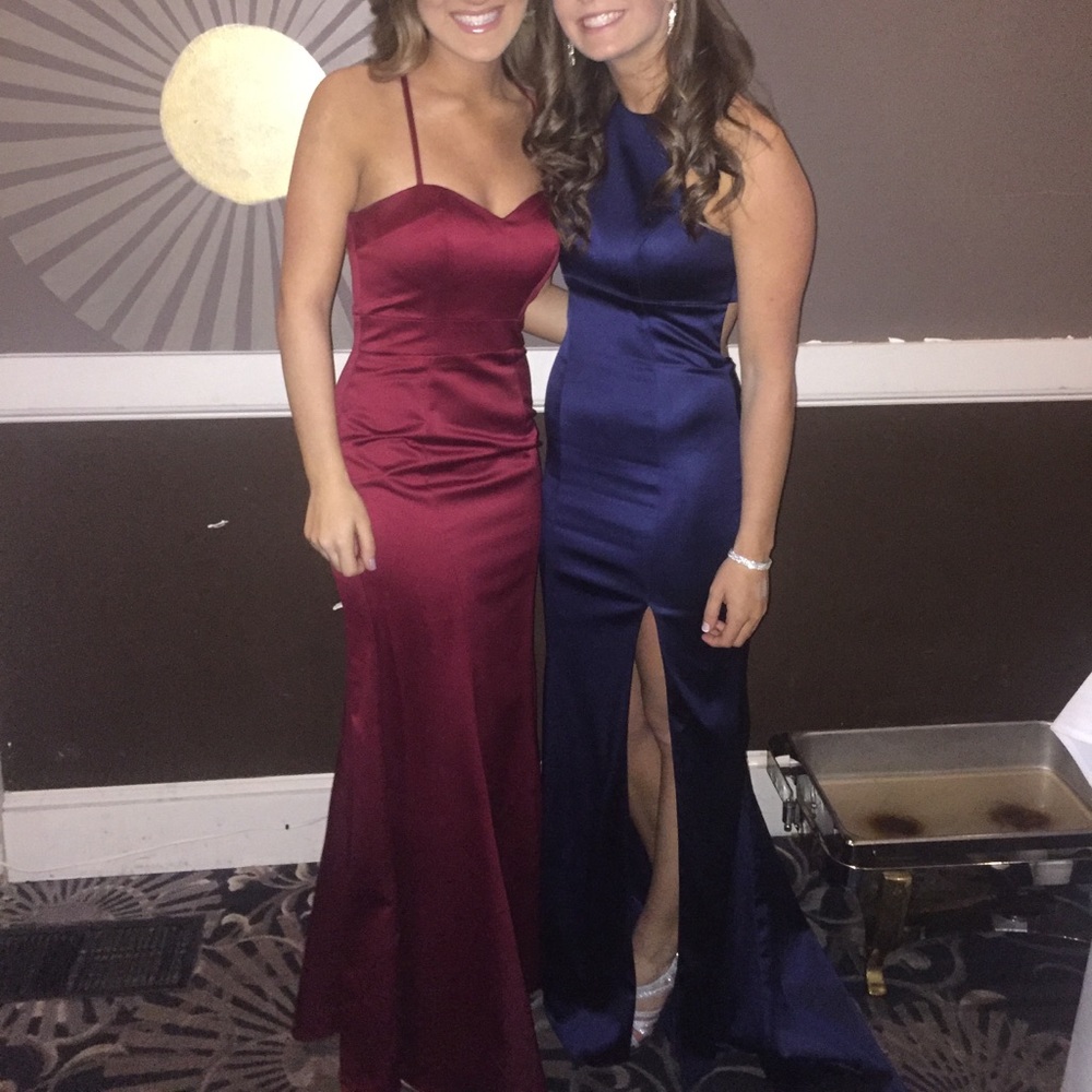 Navy Sherri Hill satin silk prom dress